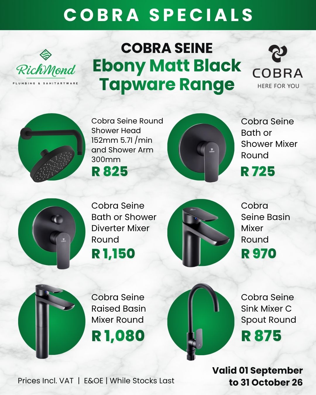 Richmond Group | Sept to Oct Specials | Cobra Seine Ebony Matt Black Tapware Range