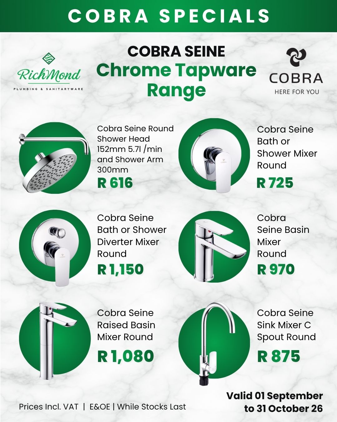 Richmond Group | Sept to Oct Specials | Cobra Seine Chrome Tapware Range